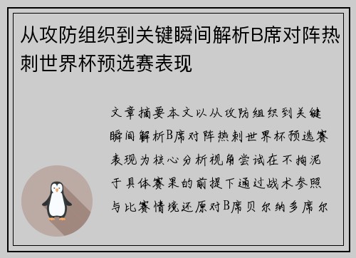 从攻防组织到关键瞬间解析B席对阵热刺世界杯预选赛表现